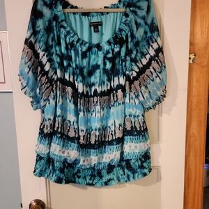INC International Concepts Turquoise, Black & White Tie-Dye Peasant Top